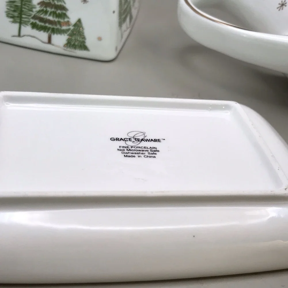 Grace Teaware Porcelain Butter Dish And Gravy Boat Trees And Snow And Gold Trim - Picture 9 of 16